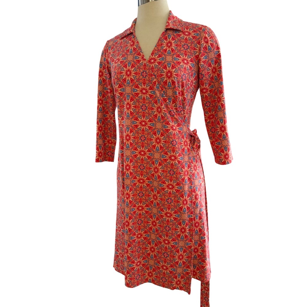 J.McLaughlin Catalina Wrap Dress Womens Small Orange Blue Coral Geometric LK NEW
